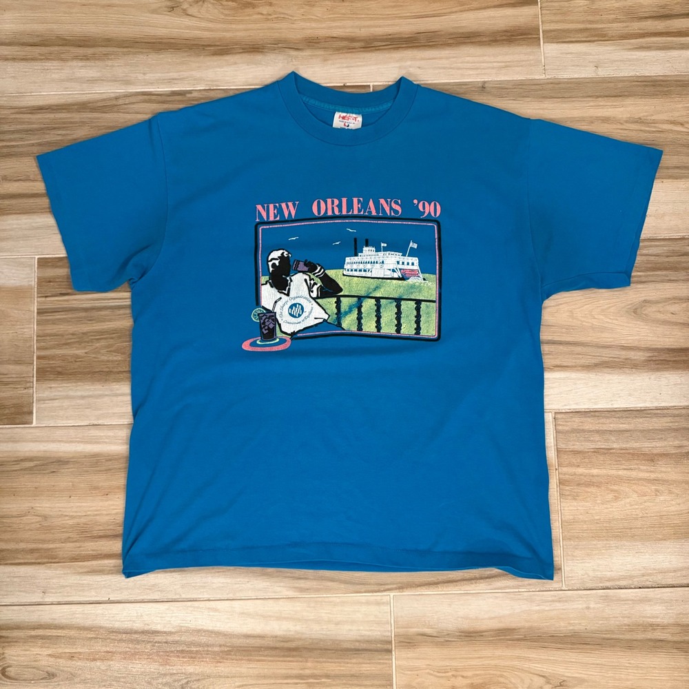 Vintage 1990 New Orleans Sharpe Organization Tee Jays Hef-T Shirt Blue XL USA